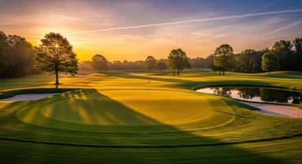 Sunrise golf course with long shadows. Lush green fairway, putting green, and bunkers under a vibrant sunrise sky