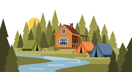 Cozy Cabin With River And Camping Tent In A Serene Forest Setting