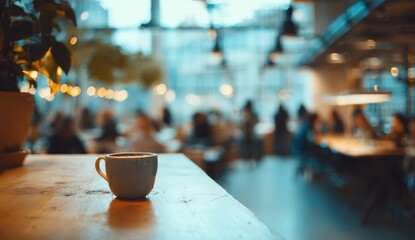 Close-up of a small ceramic cup placed on a wooden table in a lively indoor market with blurred shoppers and colorful lights in the background