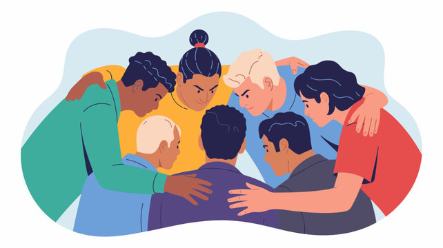 diverse team huddling in a circle vector illustration, group strategy session, teamwork collaboration and unified support