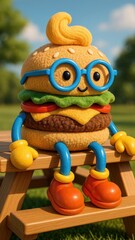 Cute burger character outdoors.
