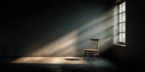 Old wooden chair in dark empty room with sunlight streaming through dusty window in moody tone

