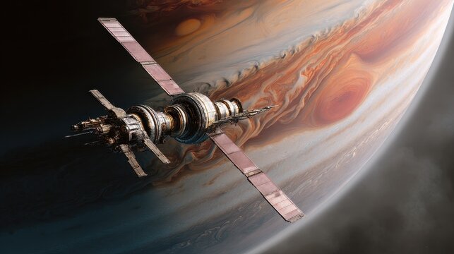 Jupiter probe orbiting gas giant, atmospheric bands visible, space exploration, science poster