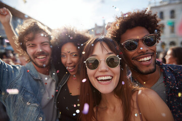 Joyful group of diverse young friends celebrating outdoors with confetti, smiling and enjoying a sunny festive moment together