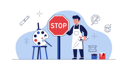 Conceptual Illustration Of An Artist Blocked By A Stop Sign Creativity Halt