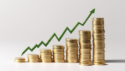 Stacks of gold coins arranged in ascending order, with a green upward trend line superimposed