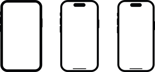 Smartphone Mockups With Notch And Dynamic Island, Outline Mobile Phone Isolated