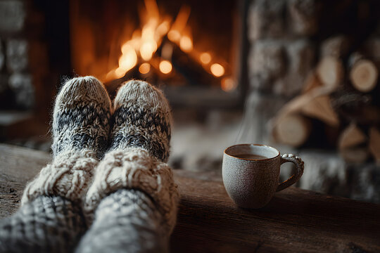 Feet in woollen socks by the Christmas fireplace. Woman relaxes by warm fire with a cup of hot drink and warming up her feet in woollen socks. Close up on feet. Winter and Christmas holidays concept.