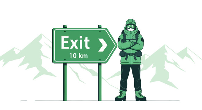 green hiker near exit sign in mountains clip art preview