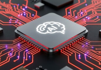 Modern AI chip with brain icon for futuristic technology, data science, and machine learning concepts