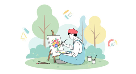 Fototapeta premium Creative Artist Painting Flowers Outdoors With Brush And Easel In Nature Scene