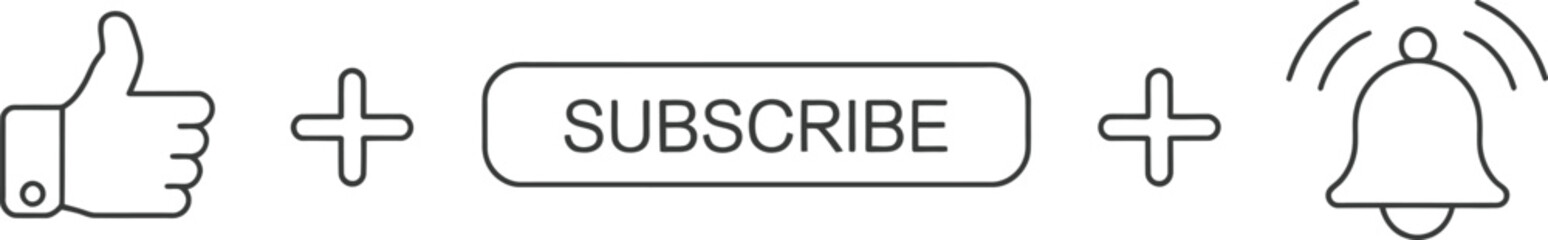 Subscribe Button Line Art with Like Sign, Subscribe Text, Plus Symbols and Bell Icon