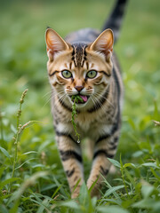 Obraz premium Bengal cat walks in the grass. He shows different emotions. This cat eats weed.