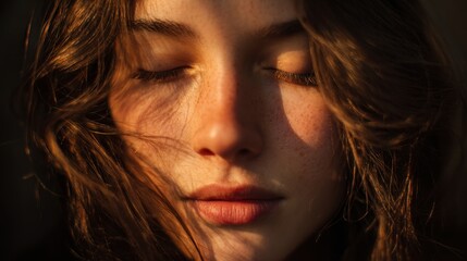 A captivating portrait of a person with closed eyes, illuminated by warm sunlight, evoking feelings of serenity and introspection.