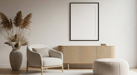 Cozy living room with armchair sideboard and dried floral arrangement