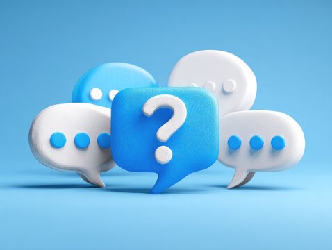 Group of stylized speech bubbles, light blue and white, one with a question mark