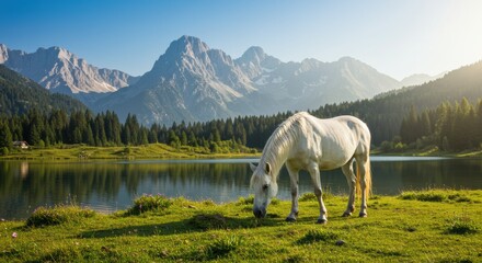 Horse grazing in serene mountain landscape nature photography tranquil environment daylight scene