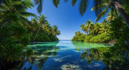 Tropical lagoon framed by lush palm trees.  Crystal-clear water reflects a vibrant sky