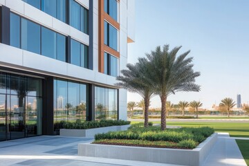 Wide-angle view of office building entrance with modern glass and steel facade large windows overlooking green lawn under clear blue sky