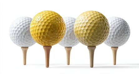 Five golf balls, two yellow, three white, on wooden tees, against white background