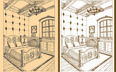 Hand-Drawn Vintage Bedroom Interior Illustration