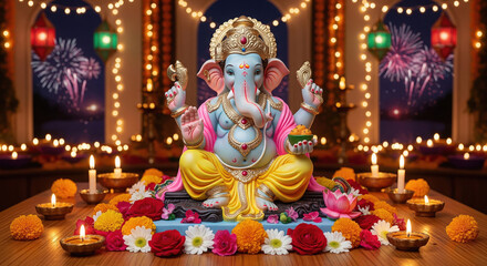 Fototapeta premium beautiful lord ganesha statue with flowers and oil lamps