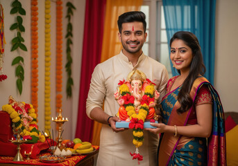 young indian couple holding lord ganesha statue together