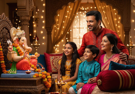 happy indian family celebrating ganesh chaturthi together at home