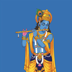 Fototapeta premium Lord Krishna, Hindu deity, plays a bansuri flute, adorned in vibrant attire against a blue backdrop.