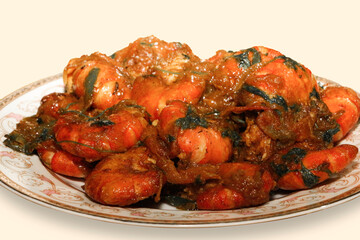 Spicy Prawn Curry or Chingri Bhuna - Delicious and Traditional South Asian Cuisine Presented on a Plate, Perfect for Food Blogs and Restaurants.