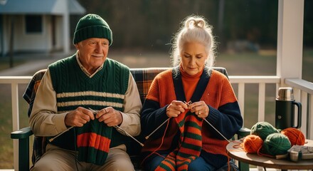 Fototapeta premium Cozy retired couple enjoy peaceful knitting time together on the porch in warm sunlight, capturing a delightful hobby