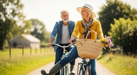 Mature couple enjoying vibrant springtime bike ride through sunny countryside, embracing active retirement lifestyle