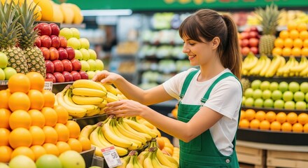 Smiling grocery employee arranging fresh bananas and citrus fruits in a vibrant produce display for healthy shopping