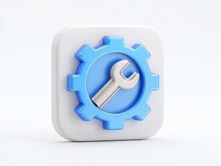Square icon, white background, blue gear, silver wrench