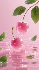 Cherries splashing into pink water with green leaves