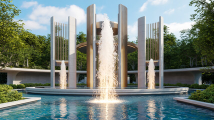 Fototapeta premium A futuristic architectural fountain installation featuring three tall white cylindrical pillars with metallic accent
