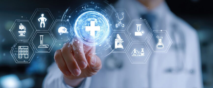 A doctor's hand interacts with a holographic display of medical icons