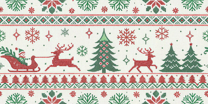 Charming Santa sleigh with reindeer and festive trees in a classic knit holiday pattern