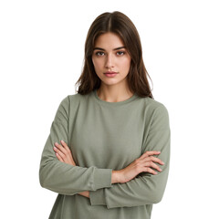 Confident young woman with arms crossed, radiating stylish casual comfort perfect for fashion blog or relatable lifestyle brand imagery