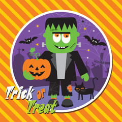 Frankenstein with Pumpkin Halloween Illustration