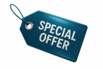 Blue promotional tag dangling from string, highlighting special retail pricing against clear backdrop