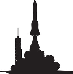 eiffel tower silhouette, Vector Rocket Launch Silhouette with Thick Smoke Plume and Launch Tower on White Background