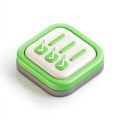3D square button with checklist icon.  A light green square button, with a light gray inner square, and a darker gray base. 