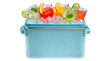 Beach cooler with drinks and ice peeking out, isolated on white background