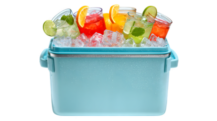 Beach cooler with drinks and ice peeking out, isolated on white background