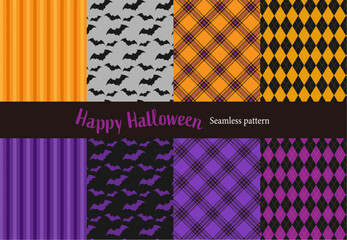 ハロウィンイメージのシームレスなパターン柄セット ベクター チェック 菱型 ストライプ コウモリ