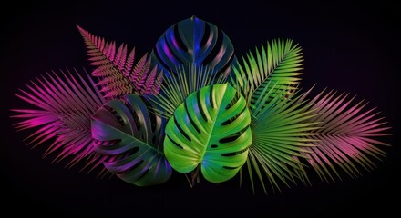 Vibrant tropical leaves in neon colors against a dark background