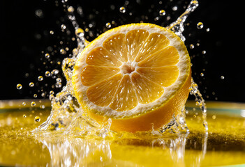 Artistic close-up of a half lemon with dynamic water splashes captured in dramatic low-key lighting, isolated against a deep black background to emphasize texture and freshness.