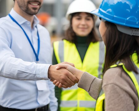 Diverse construction workers shaking hands and collaborating on a project