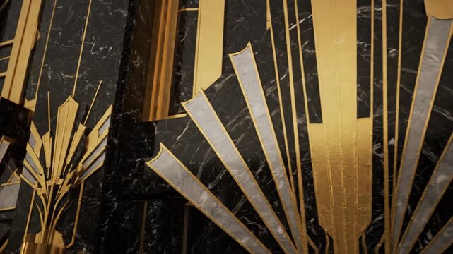 Art Deco Geometric Marble Wall - Close-up view of a luxurious Art Deco-style wall featuring a geometric pattern in black marble, gold accents, and off-white inlays.